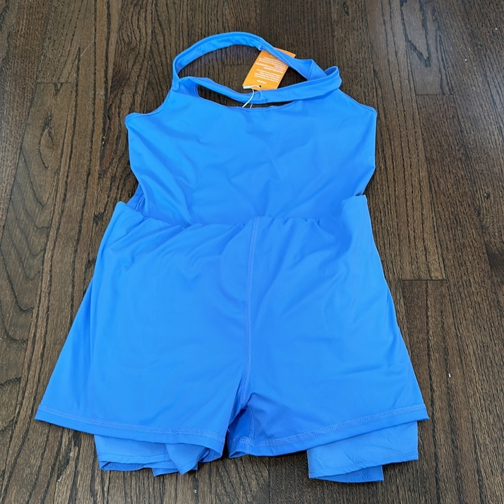 Women’s One Piece Blue Shorts Stretch Ruffle Running Workout Romper Bodysuit - Picture 8 of 8